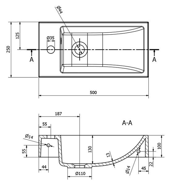 Sapho Sapho, chiuveta din marmura turnata ARIANA 50x10x25 cm, alba, robinet stanga, SM012