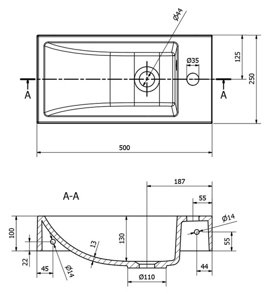 Sapho Sapho, chiuveta din marmura turnata ARIANA 50x10x25 cm, alba, robinet dreapta, SM016