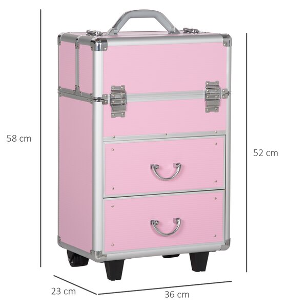 HOMCOM Husă pentru Călătorii de Machiaj, Cărucior Mare de Depozitare pentru Produse Cosmetice, 37x23x59 cm, Roz | Aosom Romania