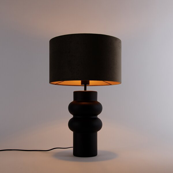 Lampa de masă de design cu abajur din catifea neagră, bej cu auriu 35 cm - Alisia