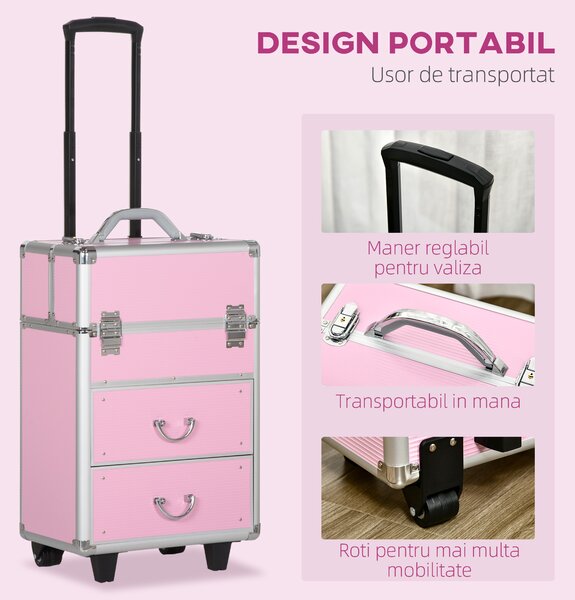 HOMCOM Husă pentru Călătorii de Machiaj, Cărucior Mare de Depozitare pentru Produse Cosmetice, 37x23x59 cm, Roz | Aosom Romania