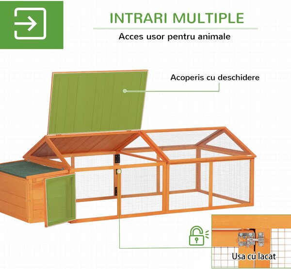 PawHut Coteț pentru Găini de Exterior cu Acoperiș Rabatabil și Ușă Largă Pentru 4-8 Găini, 240x112,5x76 cm, Portocaliu | Aosom Romania