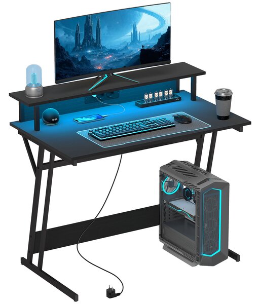 HOMCOM Birou de Gaming cu Lumini LED și Suport pentru Monitor, Masă Gaming cu Port USB și TYPE C, 100x60x88,5 cm, Negru | Aosom Romania