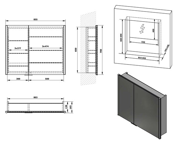 Sapho Sapho, galerie încasabilă INTEGRA cu iluminare LED, 85x70cm, IN085