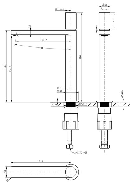 Sapho Sapho, Baterie de lavoar de sine stătătoare KAISA fără priză, înaltă, 235 mm, negru mat-aur roz, ZT091