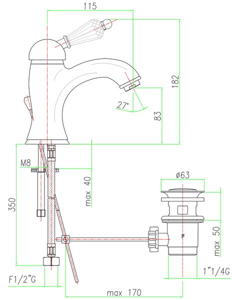 Sapho Sapho, baterie de lavoar de sine stătătoare KIRKÉ CRYSTAL cu priză, mâner din cristal, bronz, KI02KB