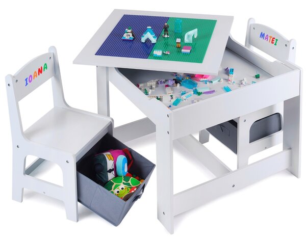 Masa cu scaune pentru copii Suporto si tabla compatibila cu piese LEGO, din MDF, Sertare Depozitare, Organizator Jucarii, Tabla de Scris, Desenat, Studiat. Alb cu gri, 3-6 ani