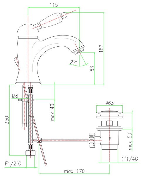 Sapho Sapho, baterie de bază pentru chiuvetă KIRKÉ WHITE cu priză, mâner alb, bronz, KI02BB