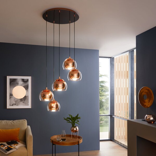 EGLO Lampa suspendată Rocamar 1, cupru, Ø 59 cm, 5 becuri, metal/sticlă, reglabil, Cupru, Camera de zi / sufragerie, Sticlă, Modern