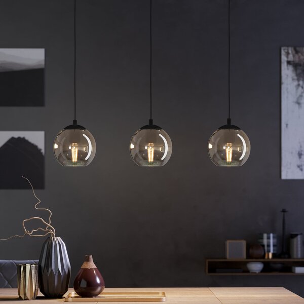 EGLO Lampă suspendată Ariscani, gri fumuriu, lungime 77 cm, 3 becuri din sticlă E27, reglabil, Negru, Camera de zi / sufragerie, Sticlă, Modern, glob