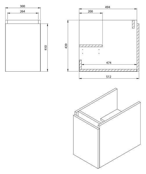 Sapho Sapho, dulap LOREA cu chiuveta 121x46x51,5cm (30+90cm), dreapta, stejar collingwood/negru mat, LE090-1935-R-03