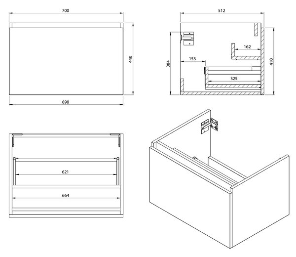 Sapho Sapho, dulap LOREA cu chiuveta 141x46x51,5cm (70+70cm), dreapta, alb mat, LE070-3131-R-04