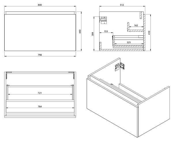 Sapho Sapho, dulap LOREA cu chiuveta dubla 181x46x51,5cm (80+20+80cm), stejar alabama/alb mat, LE080-2231-05