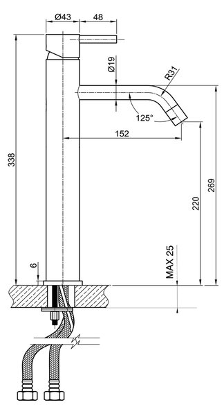 Sapho Sapho, robinet de lavoar vertical MINIMAL, înalt fără priză, oțel inoxidabil, MI202