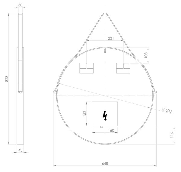 Sapho Sapho, oglinda rotunda ORBITER cu iluminare LED, curea din piele, ø 60cm, mat negru, ORL060