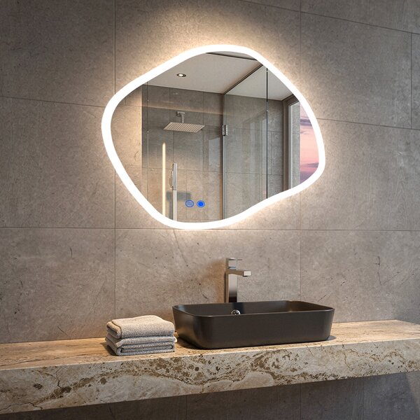 Oglindă de baie cu iluminare 104x94\74x64\84x74 cm, două culori, întrerupător tactil, saltea de încălzire
