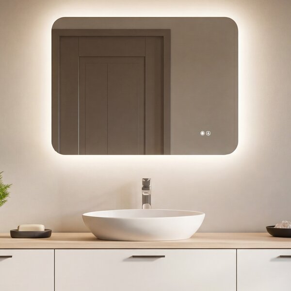 Oglindă de baie rotunjită cu iluminare LED 80x60@x70Px700x808x1008x120 cm, culoare duală, comutator tactil, saltea încălzitoare