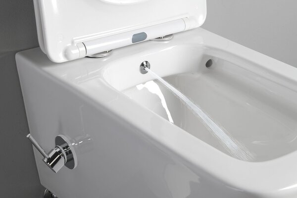 Sapho Vas WC suspendat Sapho, PORTO CLEANWASH Rimless, robinet integrat si spray bideu 36x52cm, alb, PZ102RX
