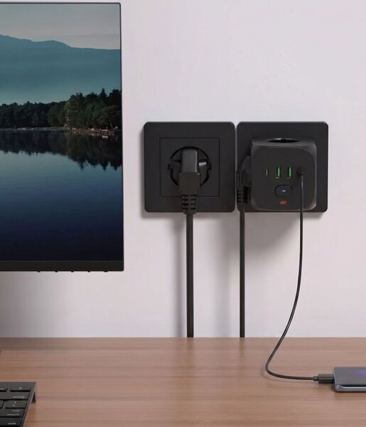 Toolight Toolight, JNH019, prelungitor 7 în 1, 3 prize + 2× USB-A + 2× USB-C, negru, OSW-56304