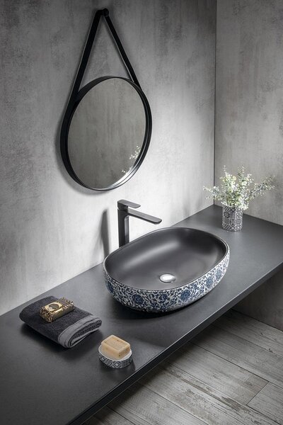 Sapho Sapho, chiuveta ceramica PRIORI, 60x13,5x40 cm, culoare negru cu pictura albastra, PI026