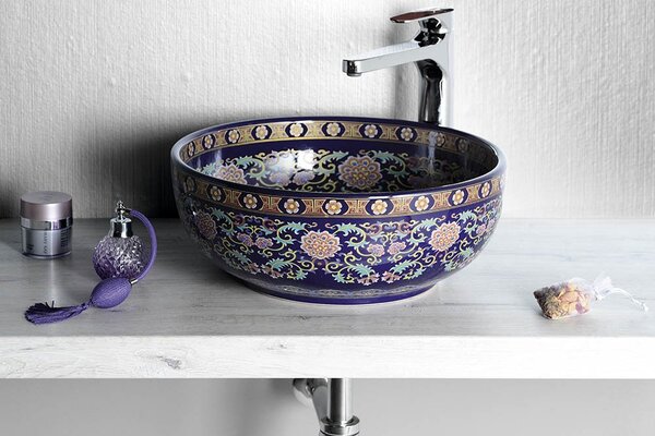 Sapho Sapho, chiuveta de blat ceramica PRIORI Ø 41 cm, maro cu model albastru, PI023