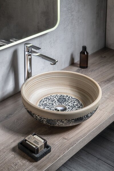 Sapho Sapho, chiuveta ceramica PRIORI, diametru 41 cm, culoare bej cu pictura albastra, PI011