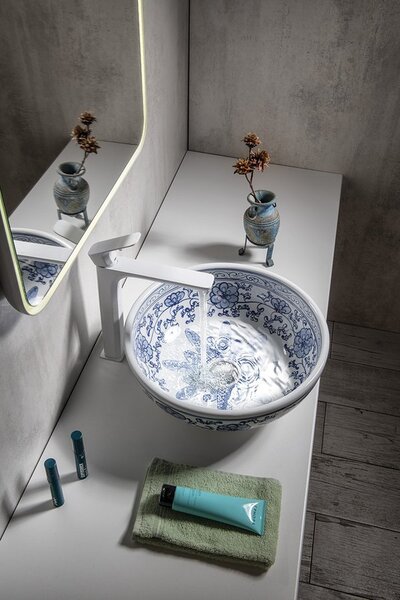 Sapho Sapho, chiuveta ceramica PRIORI, diametru 41 cm, culoare alb cu pictura albastra, PI012