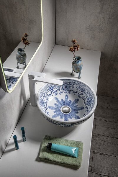 Sapho Sapho, chiuveta ceramica PRIORI, diametru 41 cm, culoare alb cu pictura albastra, PI012