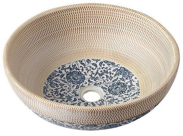 Sapho Sapho, chiuveta ceramica PRIORI, diametru 41 cm, culoare bej cu pictura albastra, PI011