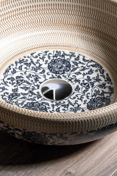 Sapho Sapho, chiuveta ceramica PRIORI, diametru 41 cm, culoare bej cu pictura albastra, PI011