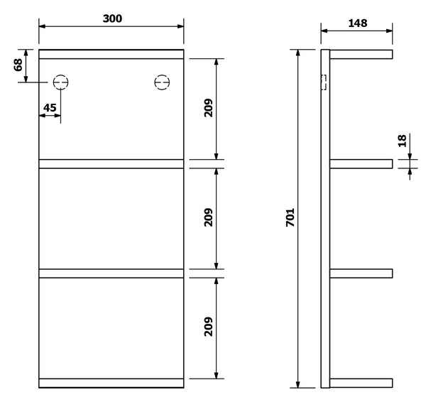 Sapho Sapho, raft deschis RIWA 30x70x15cm, alb lucios, RIW300-0030