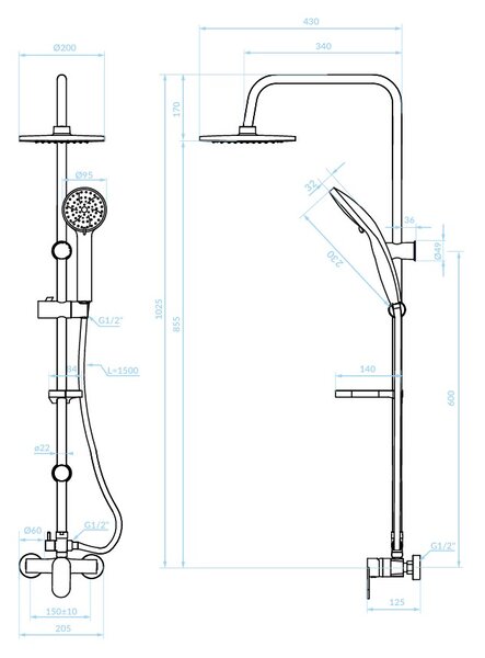 Kuchinox Intra, set de duș de perete cu baterie cu manetă, duș manual și duș fix, negru mat, LAV-PKI_70OB