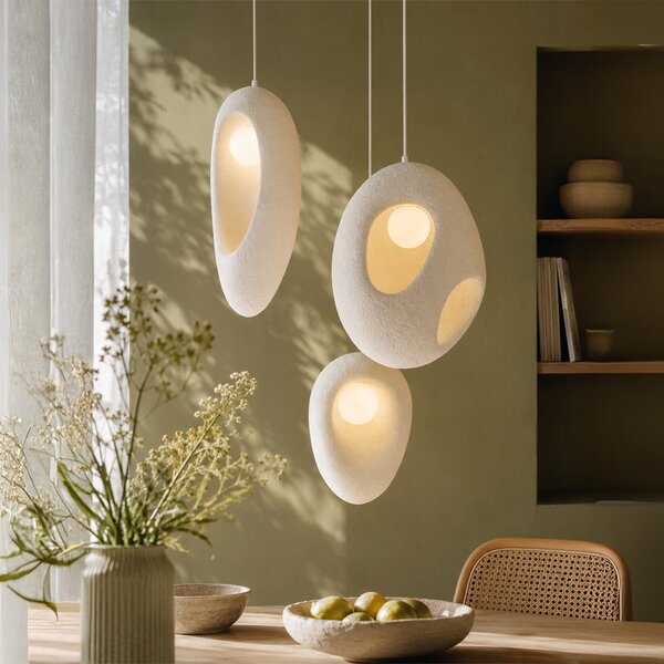 Lampă suspendată Japandi Albă cu abajur organic cu 3 lumini - Moonstone