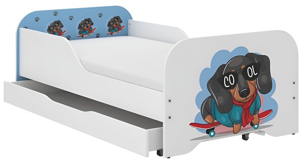 Pat complet pentru copii 140 x 70 cm cu saltea și grilă - albastru teckel