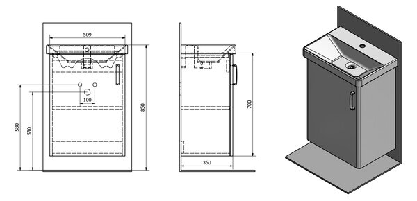 Sapho Sapho, dulap pentru lavoar THEIA 50,9x70x35cm, 1xusa, stanga, stejar Alabama, TH057-2222