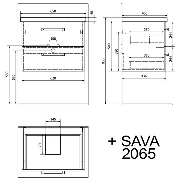 Aqualine Sapho, dulap lavoar VEGA 62x50x43,8 cm, 2xsertare, alb, VG064