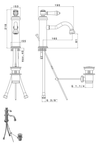 Sapho Sapho, Baterie de lavoar de sine stătătoare VIENNA cu evacuare, bronz, VO002BR