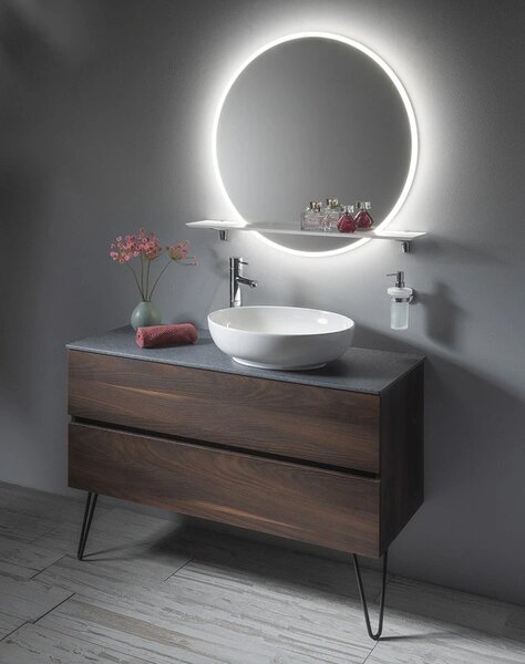 Sapho Sapho, oglindă rotundă cu iluminare din spate LED VISO diametru 60 cm cu raft, mat alb, VS060-01