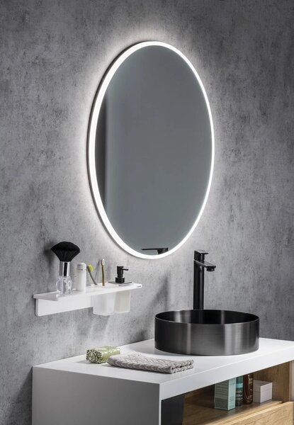 Sapho Sapho, oglindă rotundă cu iluminare din spate LED VISO diametru 60 cm cu raft, mat alb, VS060-01