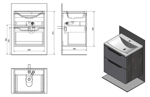 Sapho Sapho, dulap pentru lavoar WAVE 60x65x47,8cm, alb/stejar Alabama, WA060-3022