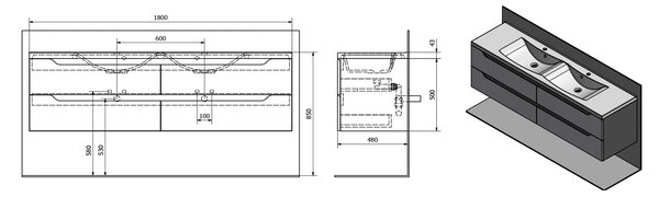 Sapho Sapho, WAVE dulap chiuveta dubla 180x50x48cm, alb (WA181), WA180-3030