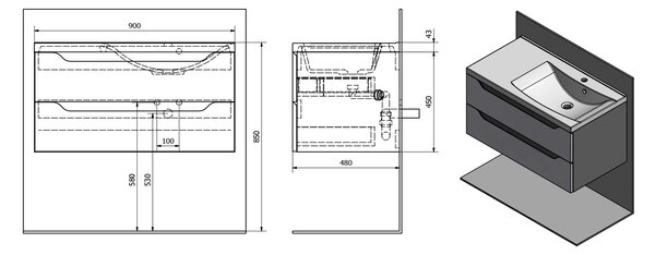 Sapho Sapho, dulap pentru lavoar WAVE 89,7x45x47,8cm, dreapta, alb/stejar Alabama, WA093-3022