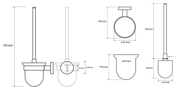 Sapho Sapho, umeraș pentru perii WC X-ROUND BLACK, sticlă de lapte, mat negru, XR303B