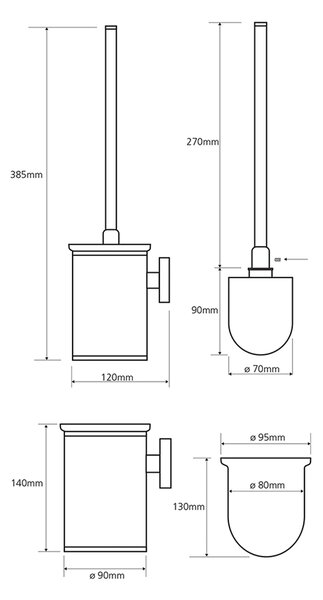 Sapho Sapho, perie de toaletă X-ROUND cilindrică, mică, perie neagră, crom, XR305