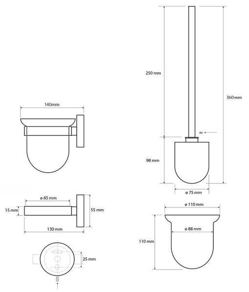 Sapho Sapho, perie de toaletă X-STEEL suspendată, sticlă de lapte, covoraș din oțel inoxidabil, XS301