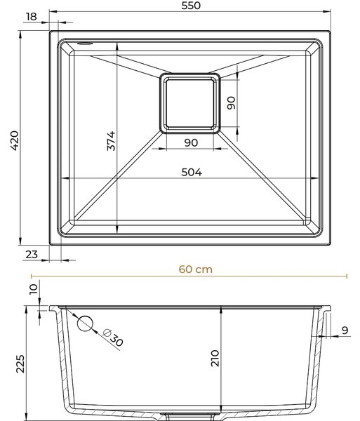SINK Quality Chiuveta Quality Argon 60, chiuveta de bucatarie granit 550x420x225 mm + sifon crom, negru, SKQ-ARG.C.1KBO.60.X