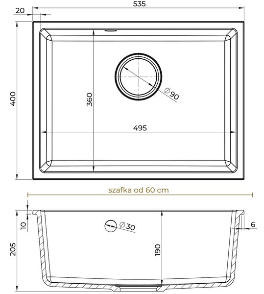 SINK Quality Chiuveta Quality Crypton 60, chiuveta de bucatarie granit 535x400x205 mm + sifon crom, pete negre, SKQ-CRY.B.1KBO.60.X