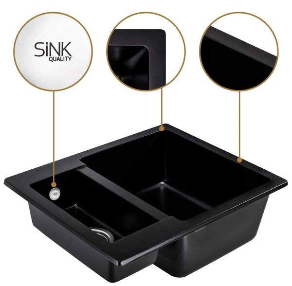 SINK Quality Chiuveta Quality Ferrum, chiuveta bucatarie granit 605x495x210 mm + sifon crom, negru, SKQ-FER.C.5KBO.X