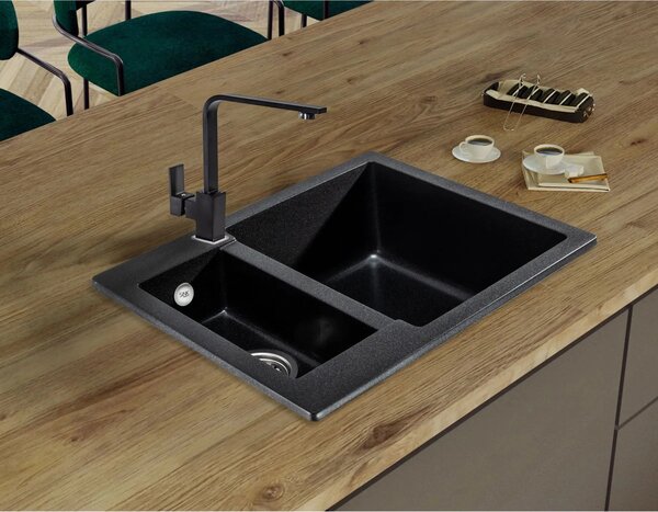 SINK Quality Chiuveta Quality Ferrum, chiuveta bucatarie granit 605x495x210 mm + sifon crom, pete negre-BROCADE, SKQ-FER.B.5KBO.X