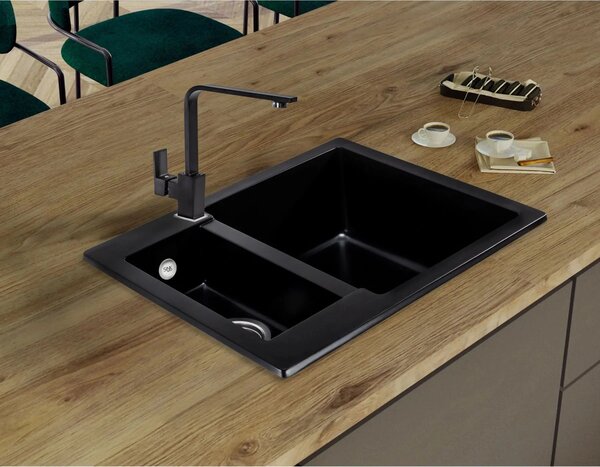 SINK Quality Chiuveta Quality Ferrum, chiuveta bucatarie granit 605x495x210 mm + sifon crom, negru, SKQ-FER.C.5KBO.X